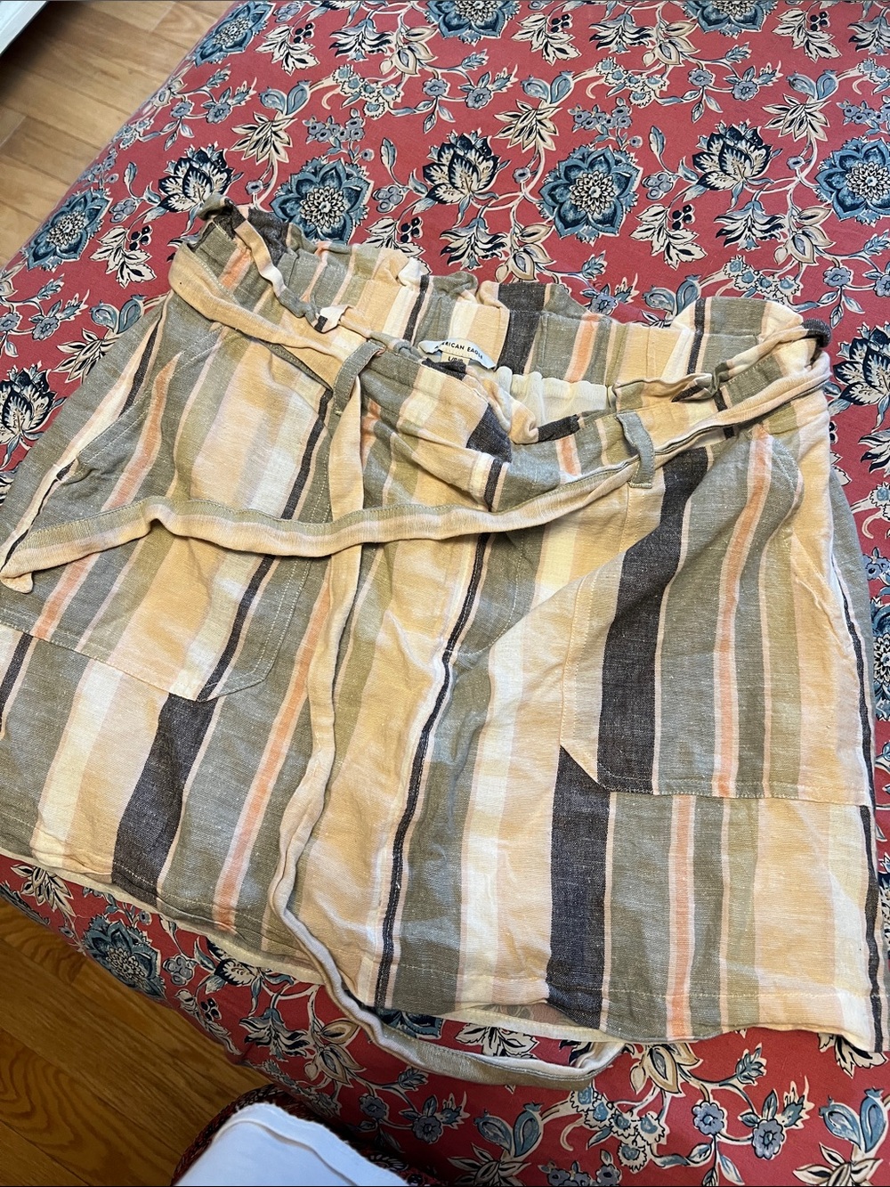 American Eagle Outfitters Striped Paperbag Mini Skirt in Olive, Cream & Tan